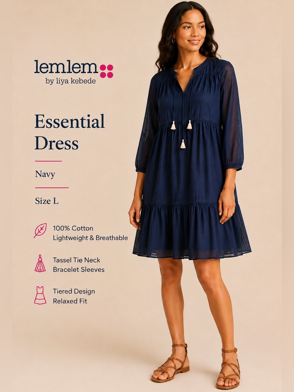 lemlem Essential Dress Navy Tiered Tassel Cotton NWT Size Large